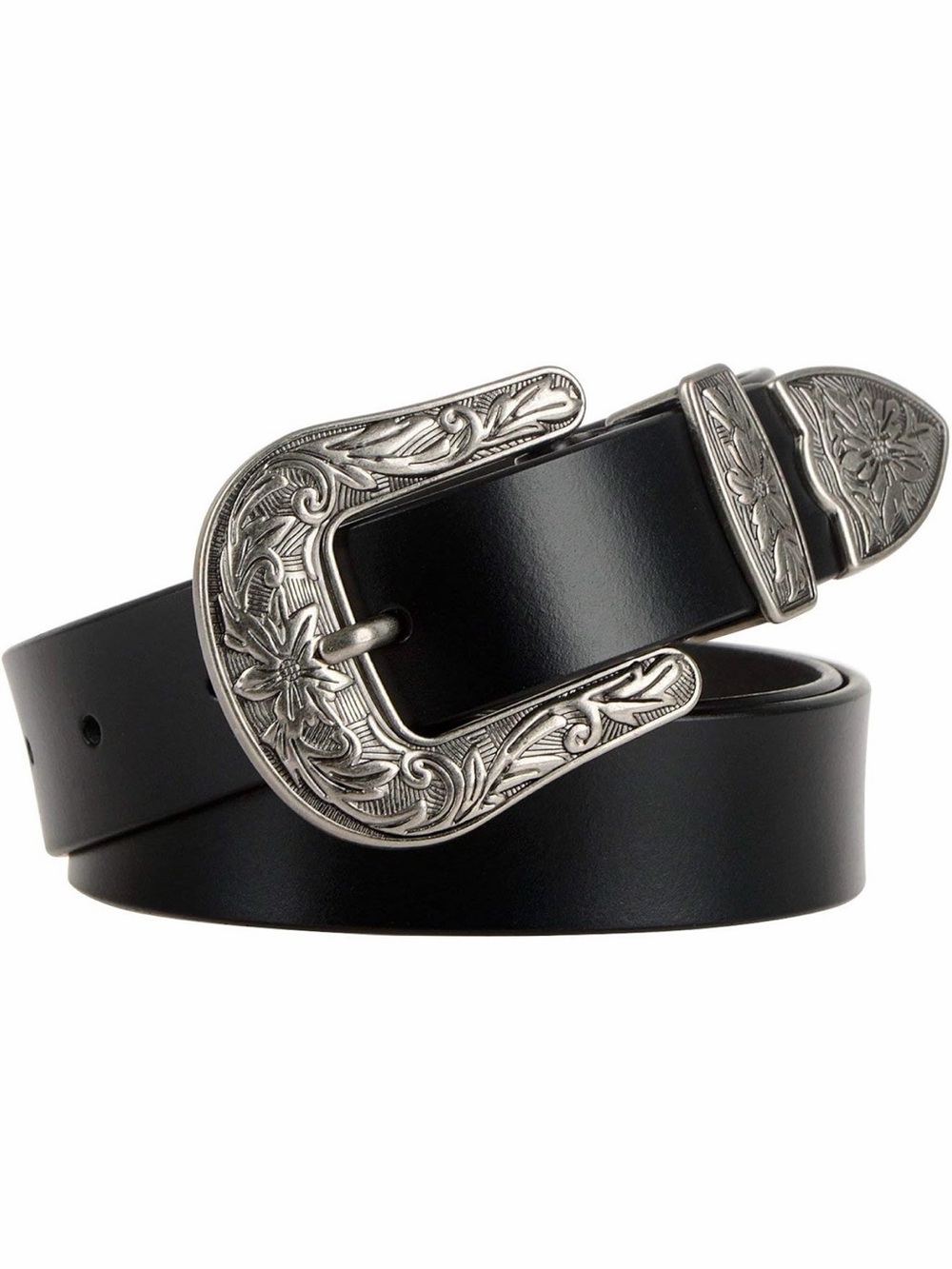 JASGOOD Black Western Belt Silver Floral Buckle Faux Leather Fits 23-27"LIKE NEW
